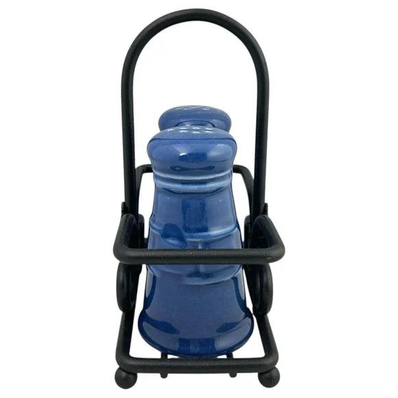 Longaberger Cornflower Blue Salt & Pepper Shaker Set w/ Black Wrought Iron Caddy - Picture 2 of 14